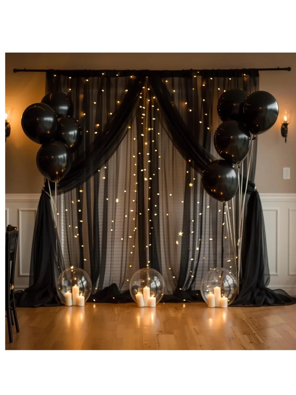 Black Tulle curtain backdrop w/ lights • wedding, celebration, photo booth 10x8’